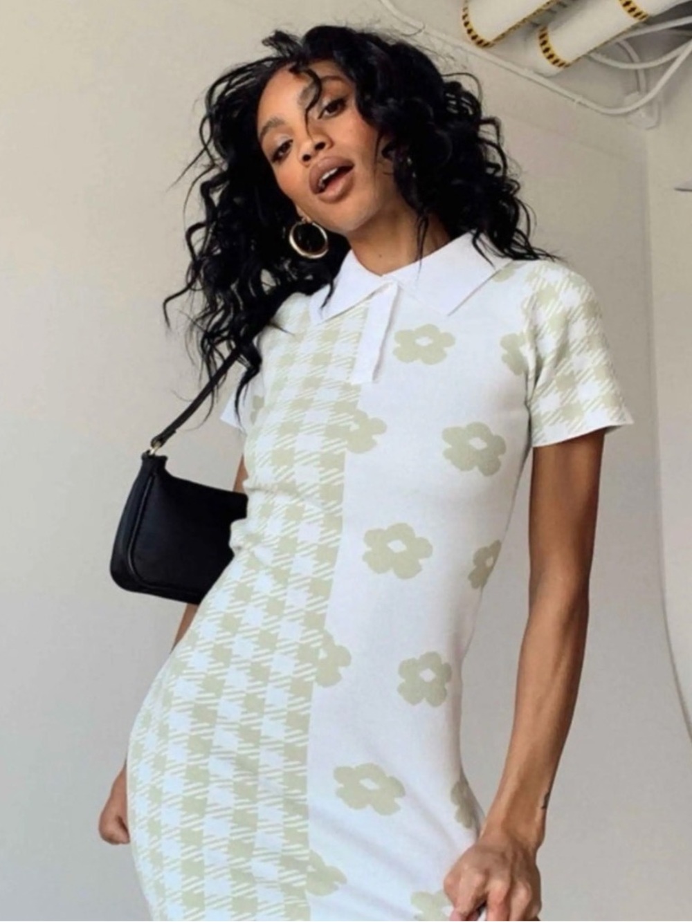 Princess Polly White & Light Green Floral Houndstooth Polo Mini Dress